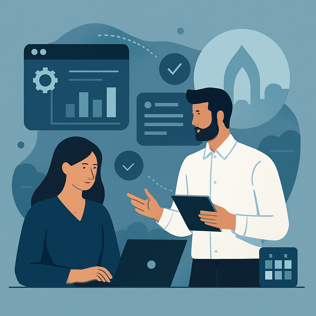 Business consultants analyzing data and discussing digital strategy, showcasing Zan & Partners' consulting expertise